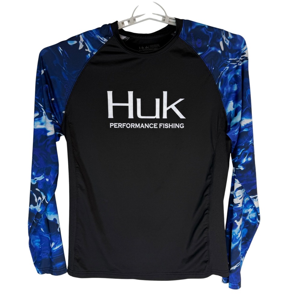 Huk Performance Fishing Shirt Mens Small Black Blue Camo Raglan Long Sleeve Mesh - Picture 2 of 6